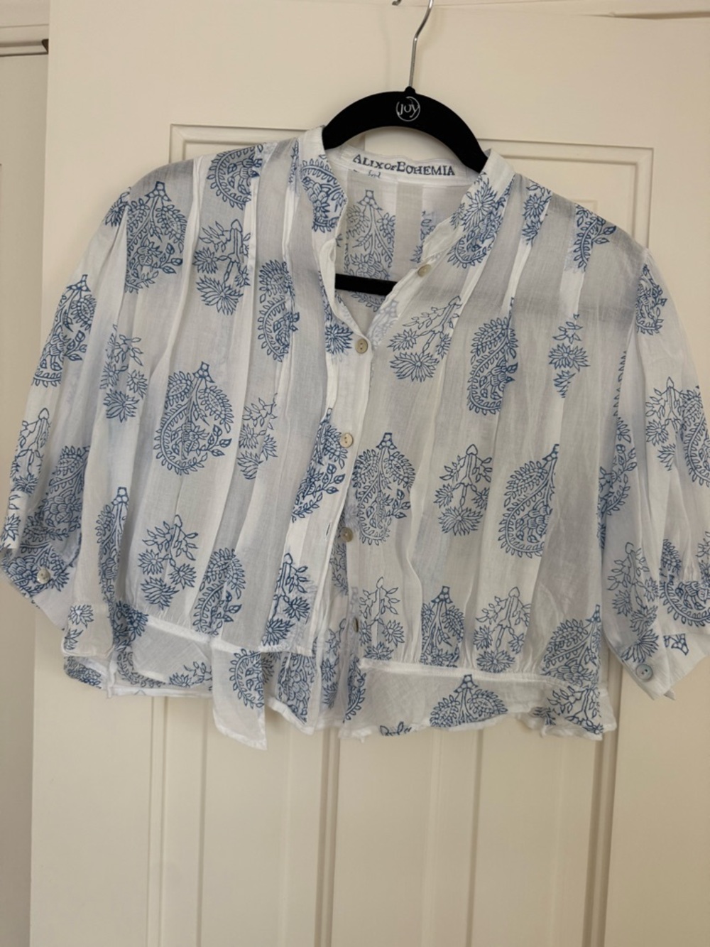 Alix Of Bohemia White Cotton Button-Front Top with Blue Paisley Print